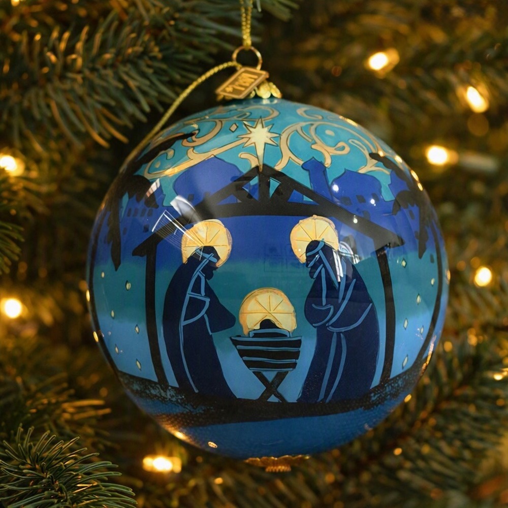 Pier 1 Li Bien 2017 Nativity Christmas Ornament Hand Painted Glass Blue Boxed